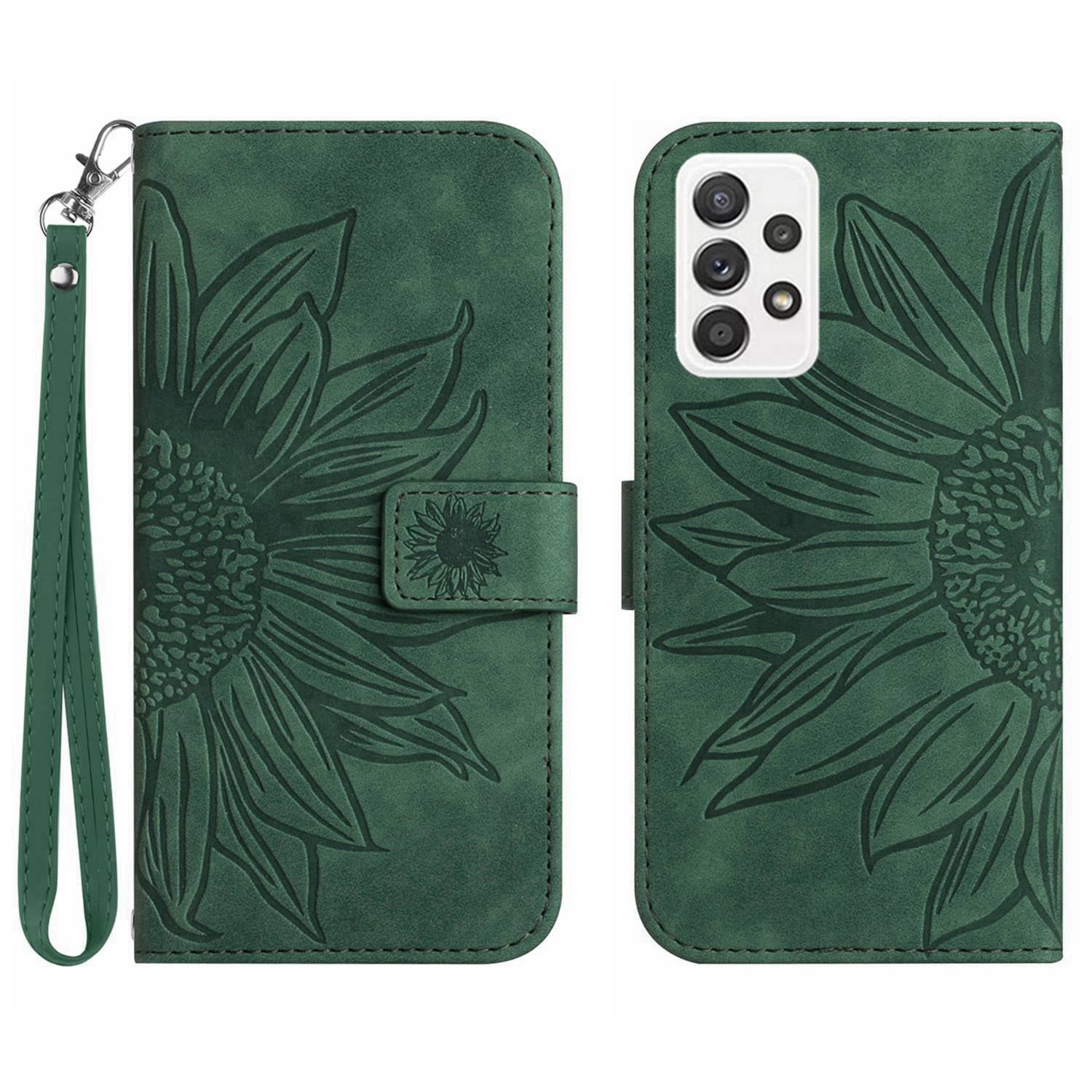 For Samsung Galaxy A52 4G / 5G / A52s 5G HT04 Skin-Touch PU Leather+TPU Phone Case Imprinted Sunflower Stand Wallet Cover with Hand Strap