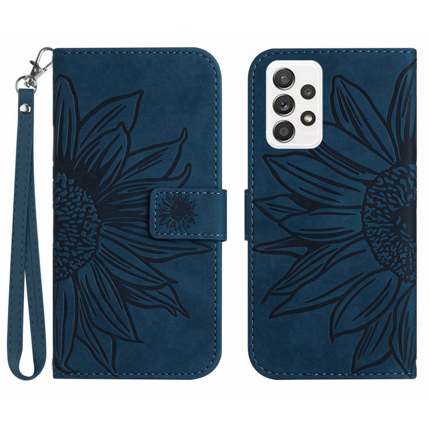 For Samsung Galaxy A52 4G / 5G / A52s 5G HT04 Skin-Touch PU Leather+TPU Phone Case Imprinted Sunflower Stand Wallet Cover with Hand Strap