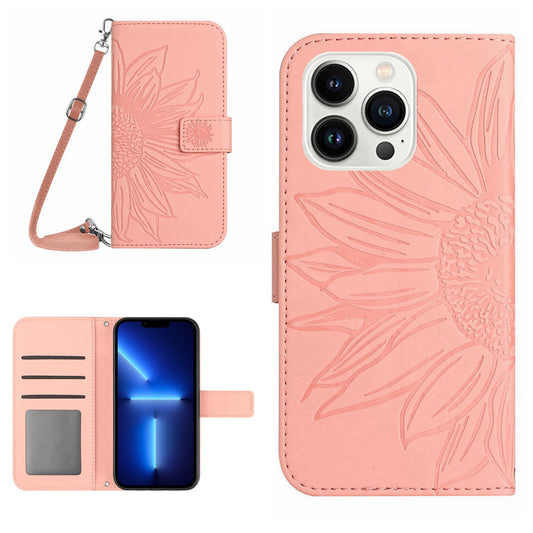 For iPhone 13 Pro 6.1 inch HT04 Imprinted Sunflower PU Leather Wallet Stand Cover Magnetic Clasp Skin-touch Phone Case with Shoulder Strap