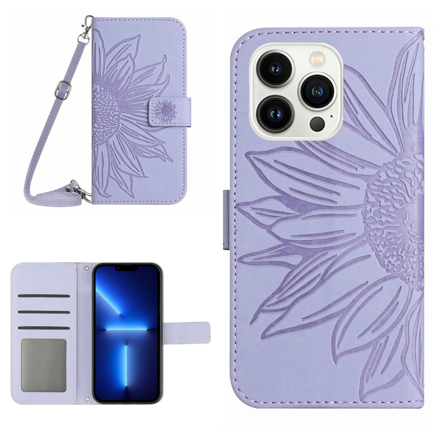 For iPhone 13 Pro 6.1 inch HT04 Imprinted Sunflower PU Leather Wallet Stand Cover Magnetic Clasp Skin-touch Phone Case with Shoulder Strap