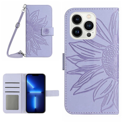For iPhone 13 Pro 6.1 inch HT04 Imprinted Sunflower PU Leather Wallet Stand Cover Magnetic Clasp Skin-touch Phone Case with Shoulder Strap
