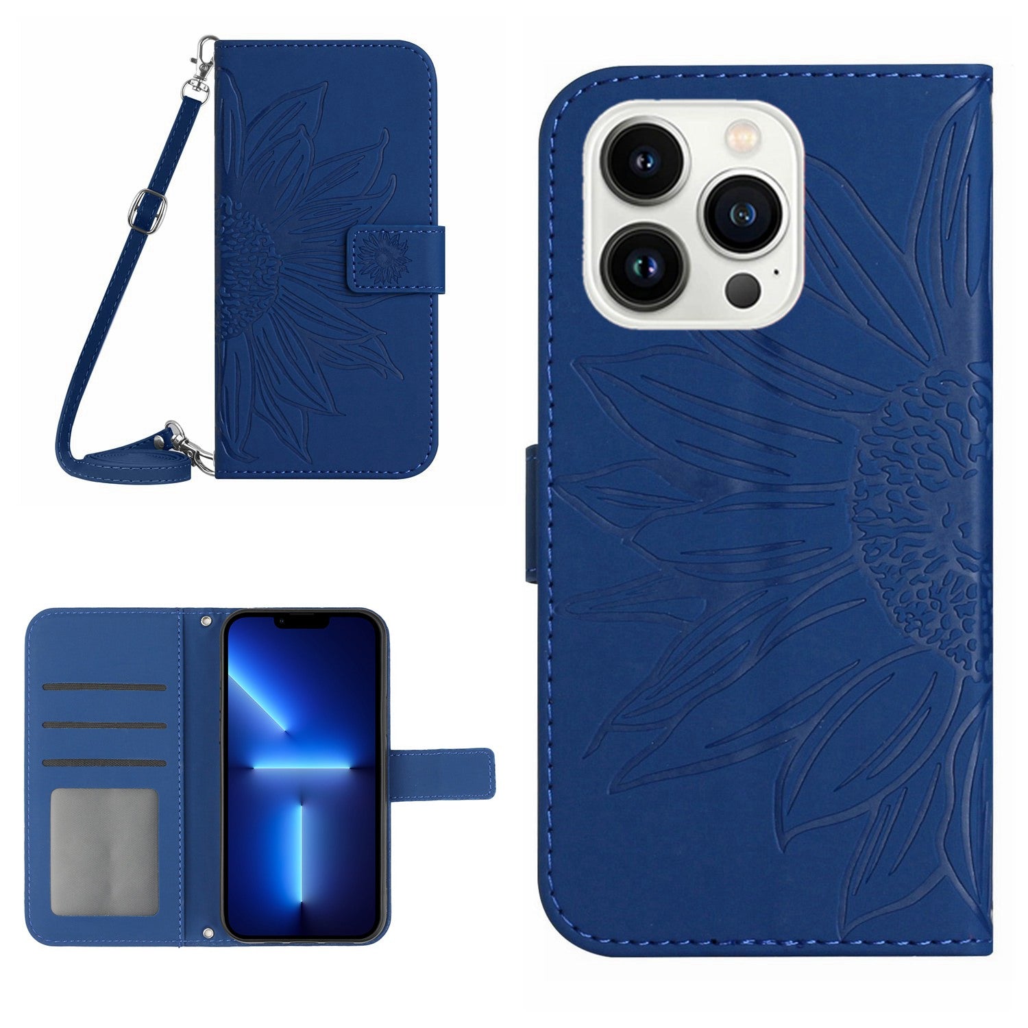 For iPhone 13 Pro 6.1 inch HT04 Imprinted Sunflower PU Leather Wallet Stand Cover Magnetic Clasp Skin-touch Phone Case with Shoulder Strap