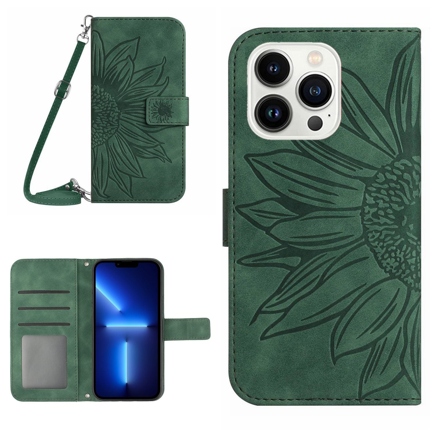 For iPhone 13 Pro 6.1 inch HT04 Imprinted Sunflower PU Leather Wallet Stand Cover Magnetic Clasp Skin-touch Phone Case with Shoulder Strap