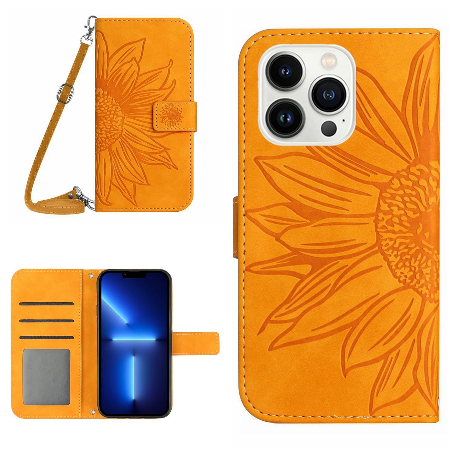 For iPhone 13 Pro 6.1 inch HT04 Imprinted Sunflower PU Leather Wallet Stand Cover Magnetic Clasp Skin-touch Phone Case with Shoulder Strap