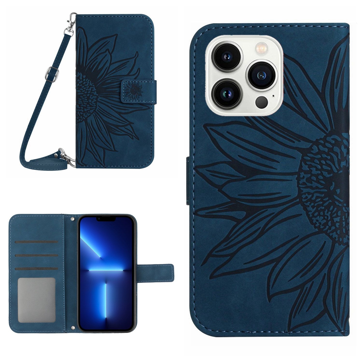 For iPhone 13 Pro 6.1 inch HT04 Imprinted Sunflower PU Leather Wallet Stand Cover Magnetic Clasp Skin-touch Phone Case with Shoulder Strap