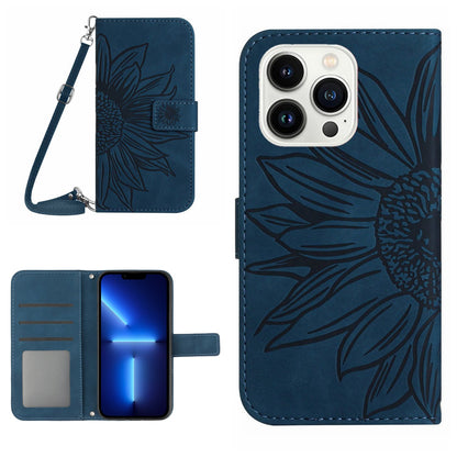 For iPhone 13 Pro 6.1 inch HT04 Imprinted Sunflower PU Leather Wallet Stand Cover Magnetic Clasp Skin-touch Phone Case with Shoulder Strap