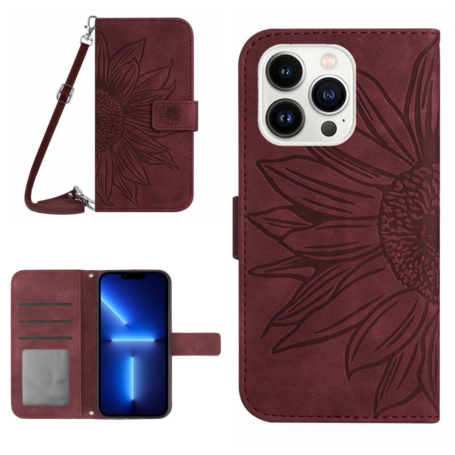 For iPhone 13 Pro 6.1 inch HT04 Imprinted Sunflower PU Leather Wallet Stand Cover Magnetic Clasp Skin-touch Phone Case with Shoulder Strap
