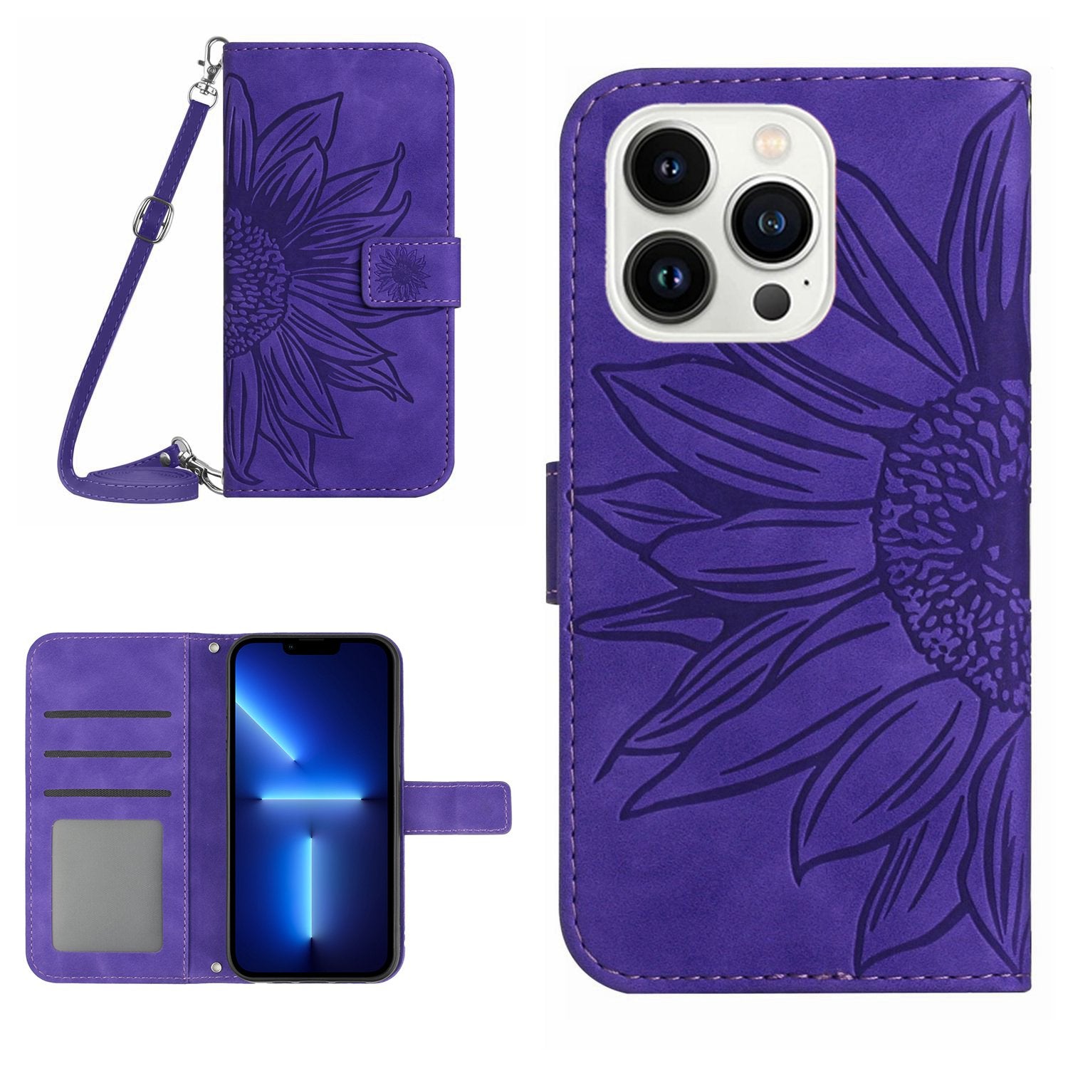 For iPhone 13 Pro 6.1 inch HT04 Imprinted Sunflower PU Leather Wallet Stand Cover Magnetic Clasp Skin-touch Phone Case with Shoulder Strap