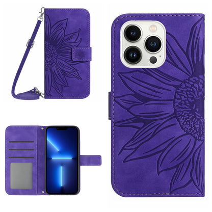 For iPhone 13 Pro 6.1 inch HT04 Imprinted Sunflower PU Leather Wallet Stand Cover Magnetic Clasp Skin-touch Phone Case with Shoulder Strap
