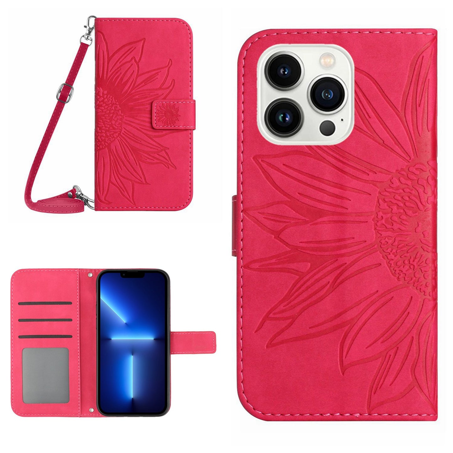 For iPhone 13 Pro 6.1 inch HT04 Imprinted Sunflower PU Leather Wallet Stand Cover Magnetic Clasp Skin-touch Phone Case with Shoulder Strap
