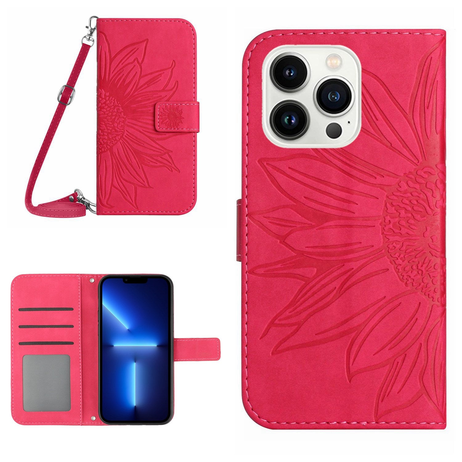 For iPhone 13 Pro 6.1 inch HT04 Imprinted Sunflower PU Leather Wallet Stand Cover Magnetic Clasp Skin-touch Phone Case with Shoulder Strap
