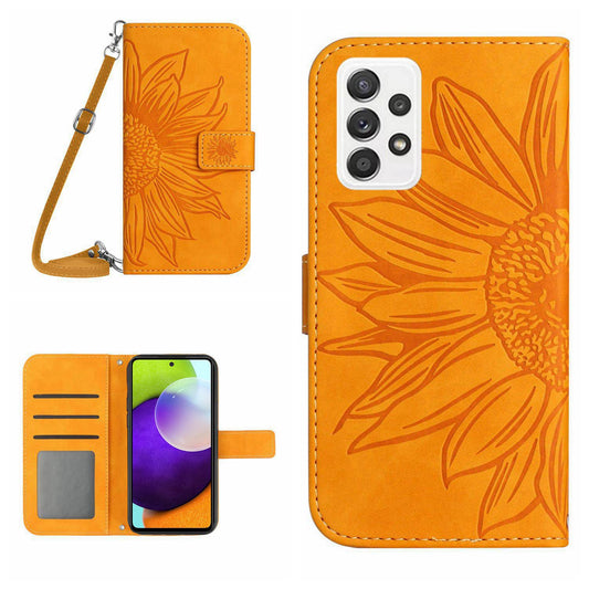 Anti-fall Phone Cover For Samsung Galaxy A52 5G / A52 4G / A52s 5G HT04 Skin-touch PU Leather Imprinted Sunflower Stand Wallet Case with Shoulder Strap
