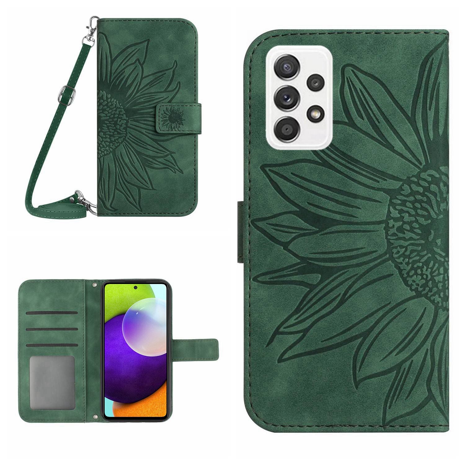 Anti-fall Phone Cover For Samsung Galaxy A52 5G / A52 4G / A52s 5G HT04 Skin-touch PU Leather Imprinted Sunflower Stand Wallet Case with Shoulder Strap