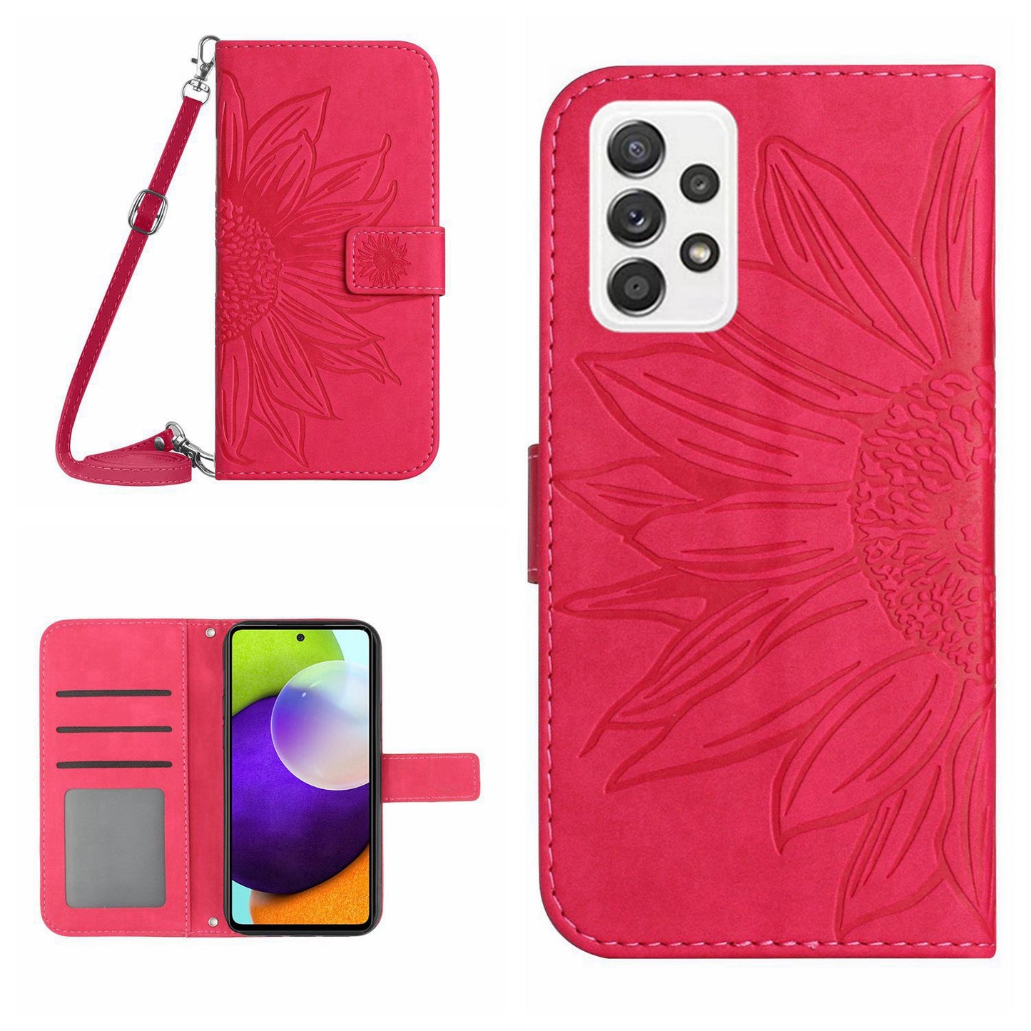 Anti-fall Phone Cover For Samsung Galaxy A52 5G / A52 4G / A52s 5G HT04 Skin-touch PU Leather Imprinted Sunflower Stand Wallet Case with Shoulder Strap