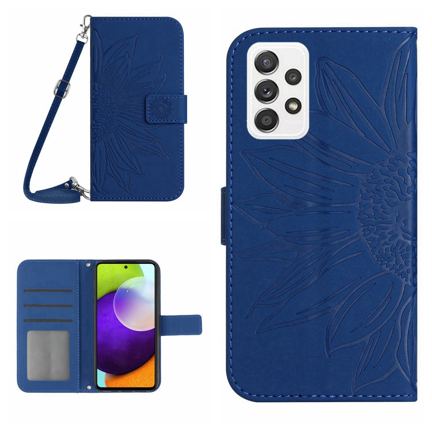 Anti-fall Phone Cover For Samsung Galaxy A52 5G / A52 4G / A52s 5G HT04 Skin-touch PU Leather Imprinted Sunflower Stand Wallet Case with Shoulder Strap