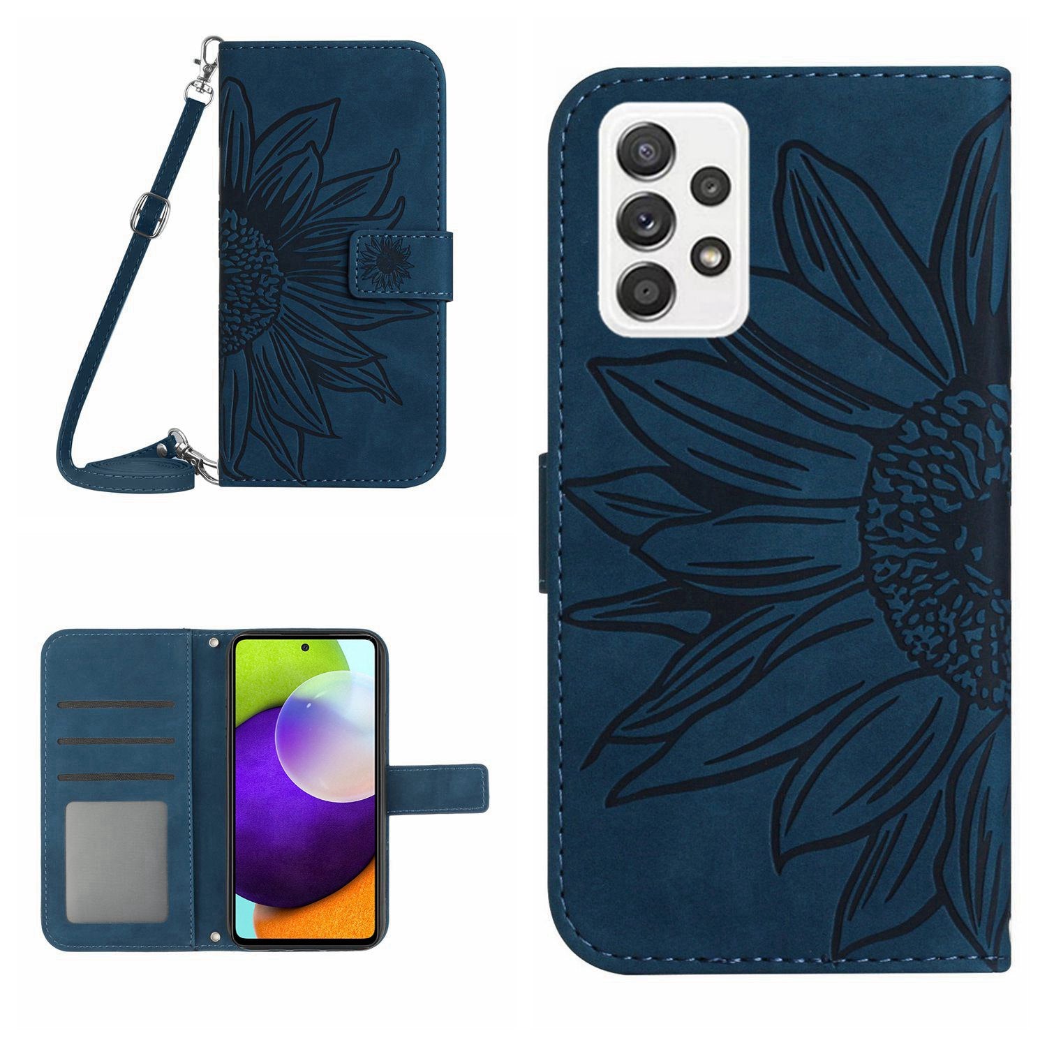Anti-fall Phone Cover For Samsung Galaxy A52 5G / A52 4G / A52s 5G HT04 Skin-touch PU Leather Imprinted Sunflower Stand Wallet Case with Shoulder Strap