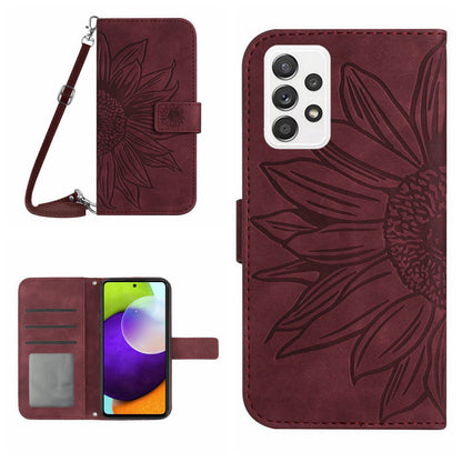 Anti-fall Phone Cover For Samsung Galaxy A52 5G / A52 4G / A52s 5G HT04 Skin-touch PU Leather Imprinted Sunflower Stand Wallet Case with Shoulder Strap