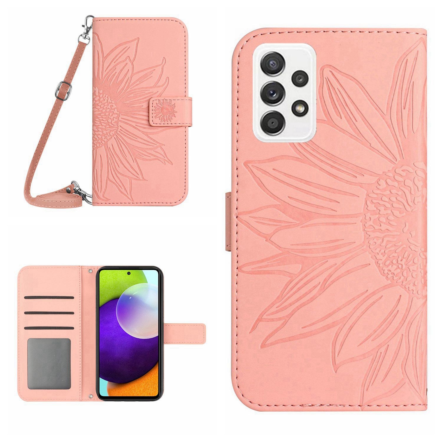 Anti-fall Phone Cover For Samsung Galaxy A52 5G / A52 4G / A52s 5G HT04 Skin-touch PU Leather Imprinted Sunflower Stand Wallet Case with Shoulder Strap