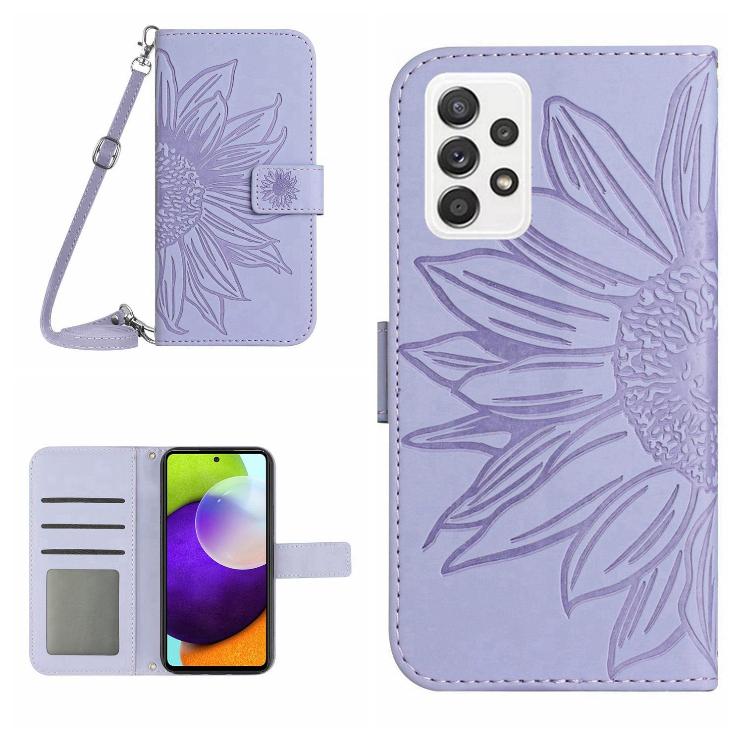 Anti-fall Phone Cover For Samsung Galaxy A52 5G / A52 4G / A52s 5G HT04 Skin-touch PU Leather Imprinted Sunflower Stand Wallet Case with Shoulder Strap