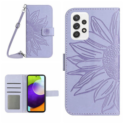 Anti-fall Phone Cover For Samsung Galaxy A52 5G / A52 4G / A52s 5G HT04 Skin-touch PU Leather Imprinted Sunflower Stand Wallet Case with Shoulder Strap