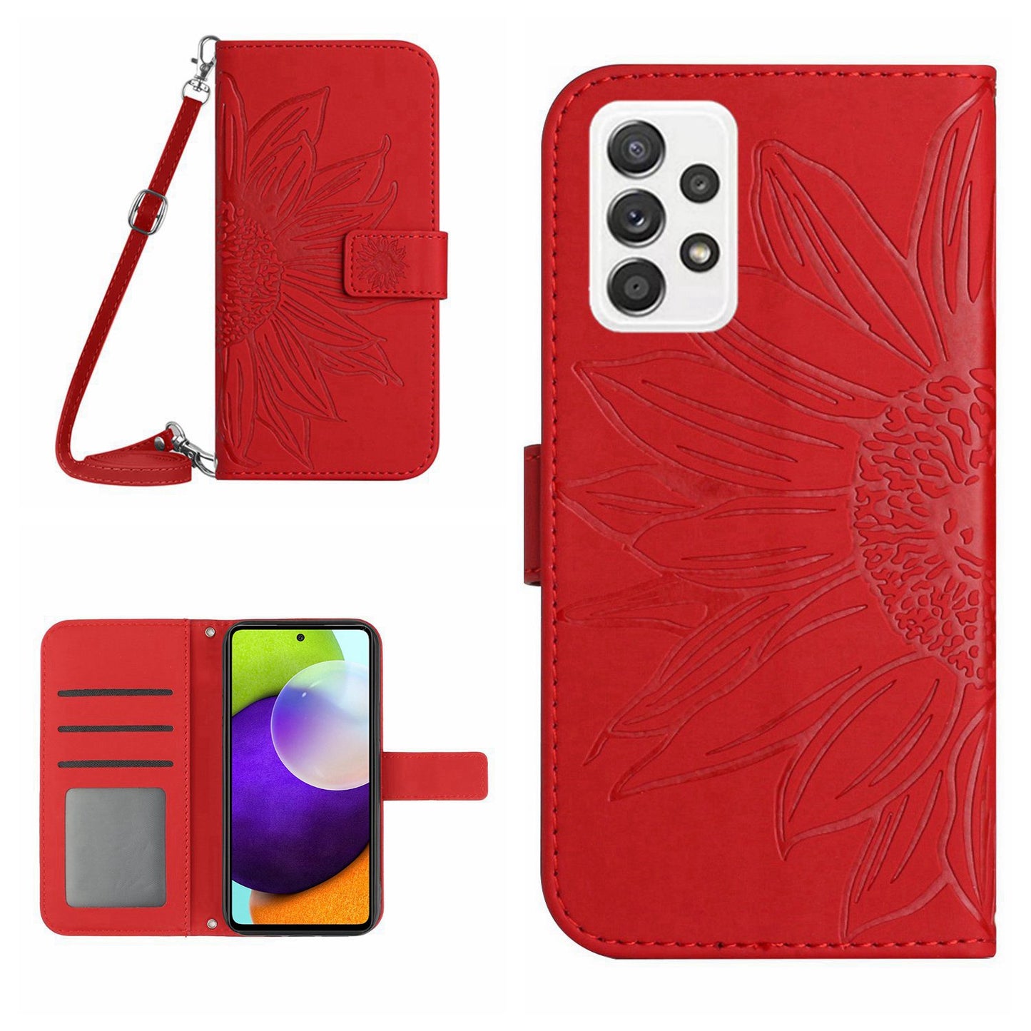 Anti-fall Phone Cover For Samsung Galaxy A52 5G / A52 4G / A52s 5G HT04 Skin-touch PU Leather Imprinted Sunflower Stand Wallet Case with Shoulder Strap