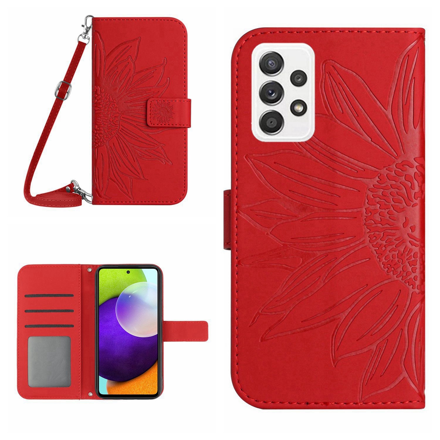 Anti-fall Phone Cover For Samsung Galaxy A52 5G / A52 4G / A52s 5G HT04 Skin-touch PU Leather Imprinted Sunflower Stand Wallet Case with Shoulder Strap