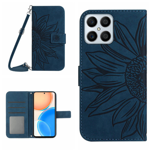 For Honor X8 4G HT04 Imprinted Sunflower PU Leather Flip Case Stand Magnetic Shockproof Skin-touch Wallet Phone Cover with Shoulder Strap