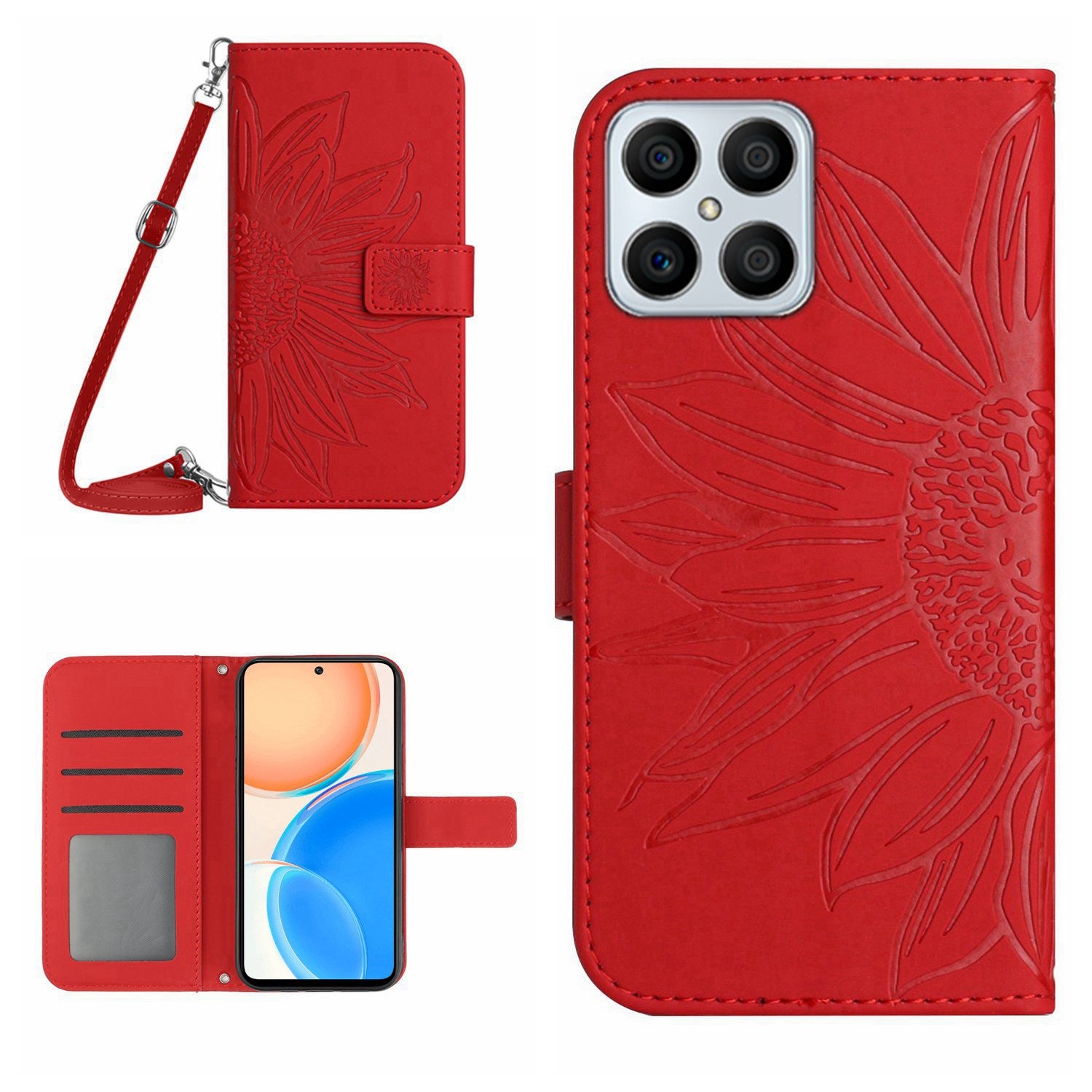 For Honor X8 4G HT04 Imprinted Sunflower PU Leather Flip Case Stand Magnetic Shockproof Skin-touch Wallet Phone Cover with Shoulder Strap