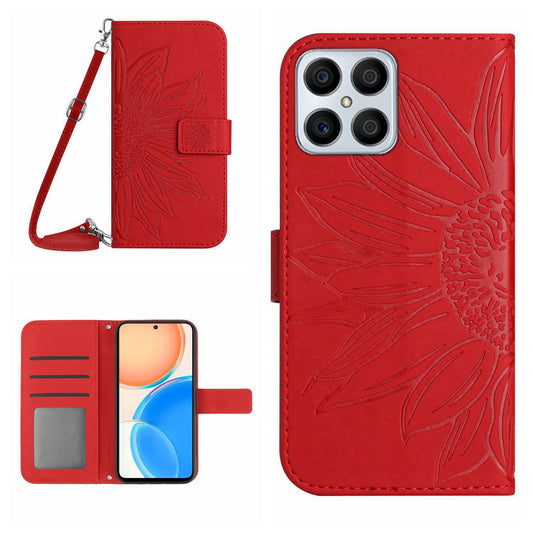 For Honor X8 4G HT04 Imprinted Sunflower PU Leather Flip Case Stand Magnetic Shockproof Skin-touch Wallet Phone Cover with Shoulder Strap