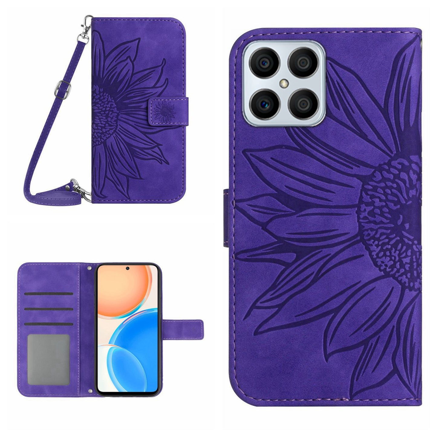 For Honor X8 4G HT04 Imprinted Sunflower PU Leather Flip Case Stand Magnetic Shockproof Skin-touch Wallet Phone Cover with Shoulder Strap