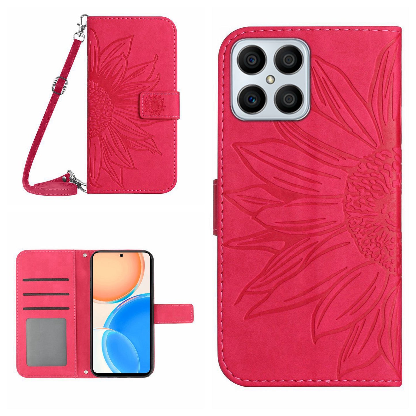 For Honor X8 4G HT04 Imprinted Sunflower PU Leather Flip Case Stand Magnetic Shockproof Skin-touch Wallet Phone Cover with Shoulder Strap