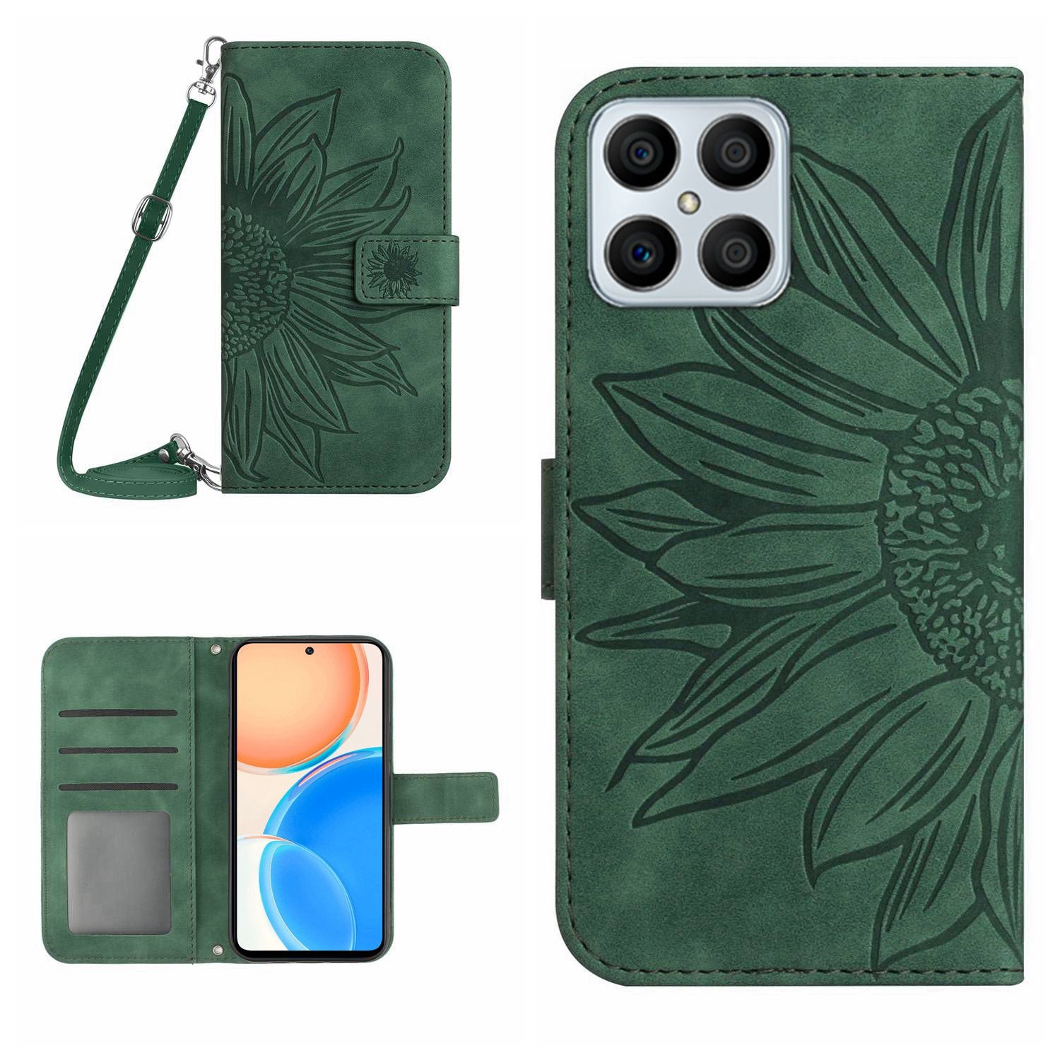 For Honor X8 4G HT04 Imprinted Sunflower PU Leather Flip Case Stand Magnetic Shockproof Skin-touch Wallet Phone Cover with Shoulder Strap
