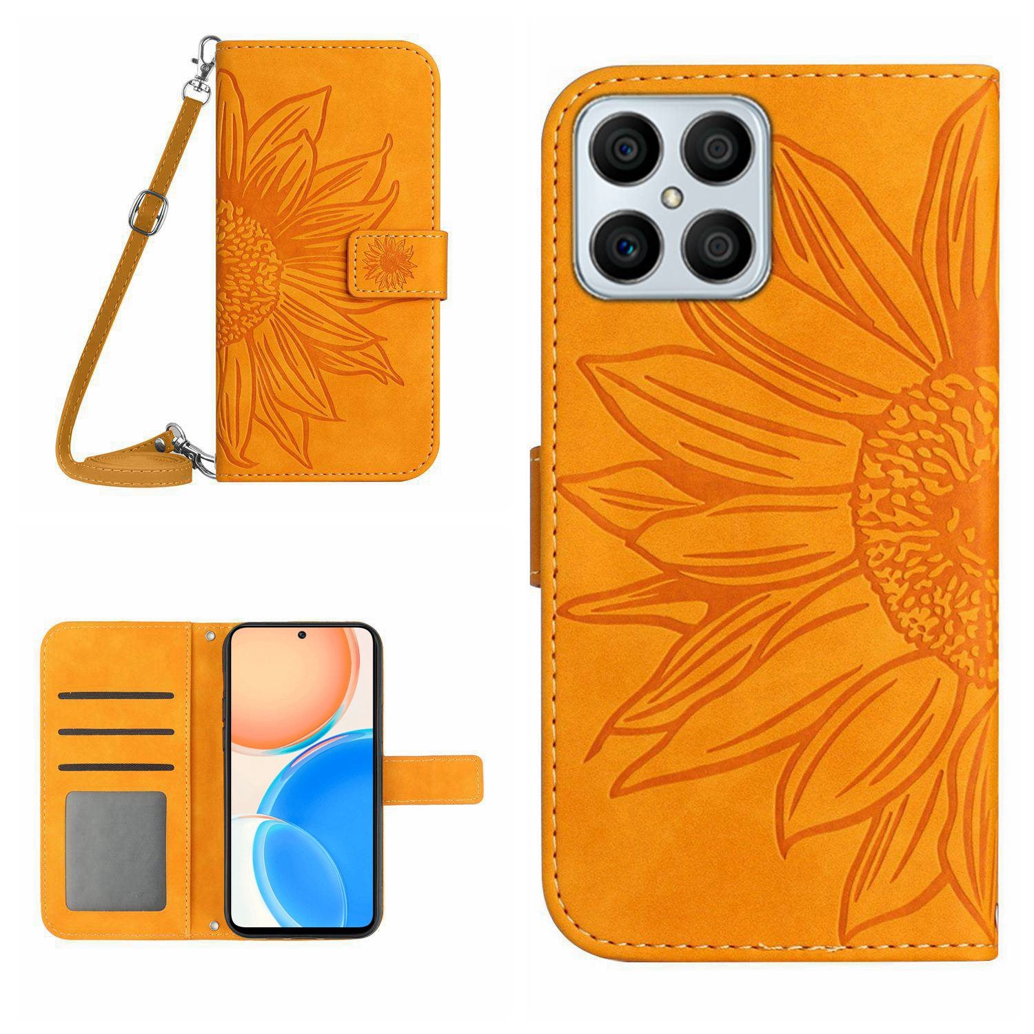 For Honor X8 4G HT04 Imprinted Sunflower PU Leather Flip Case Stand Magnetic Shockproof Skin-touch Wallet Phone Cover with Shoulder Strap