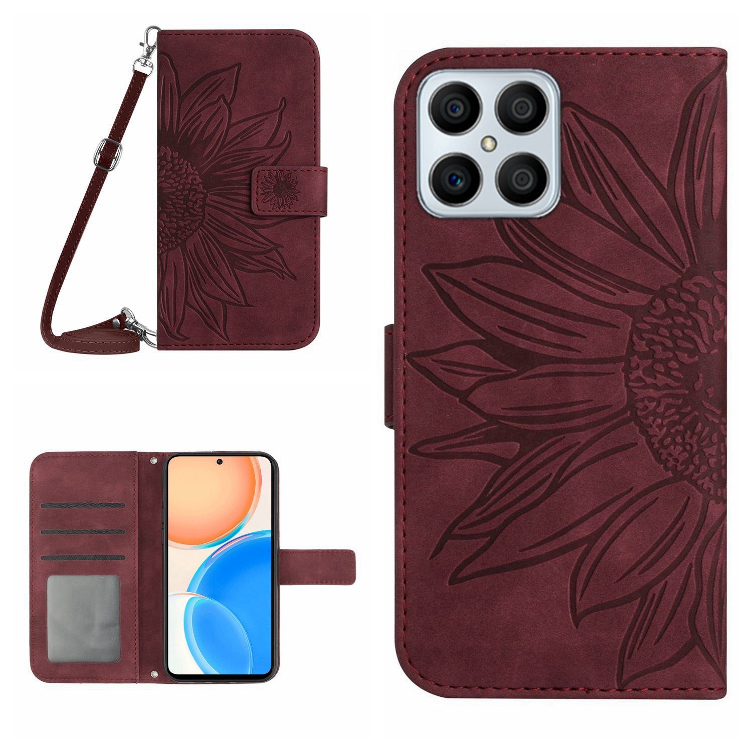 For Honor X8 4G HT04 Imprinted Sunflower PU Leather Flip Case Stand Magnetic Shockproof Skin-touch Wallet Phone Cover with Shoulder Strap