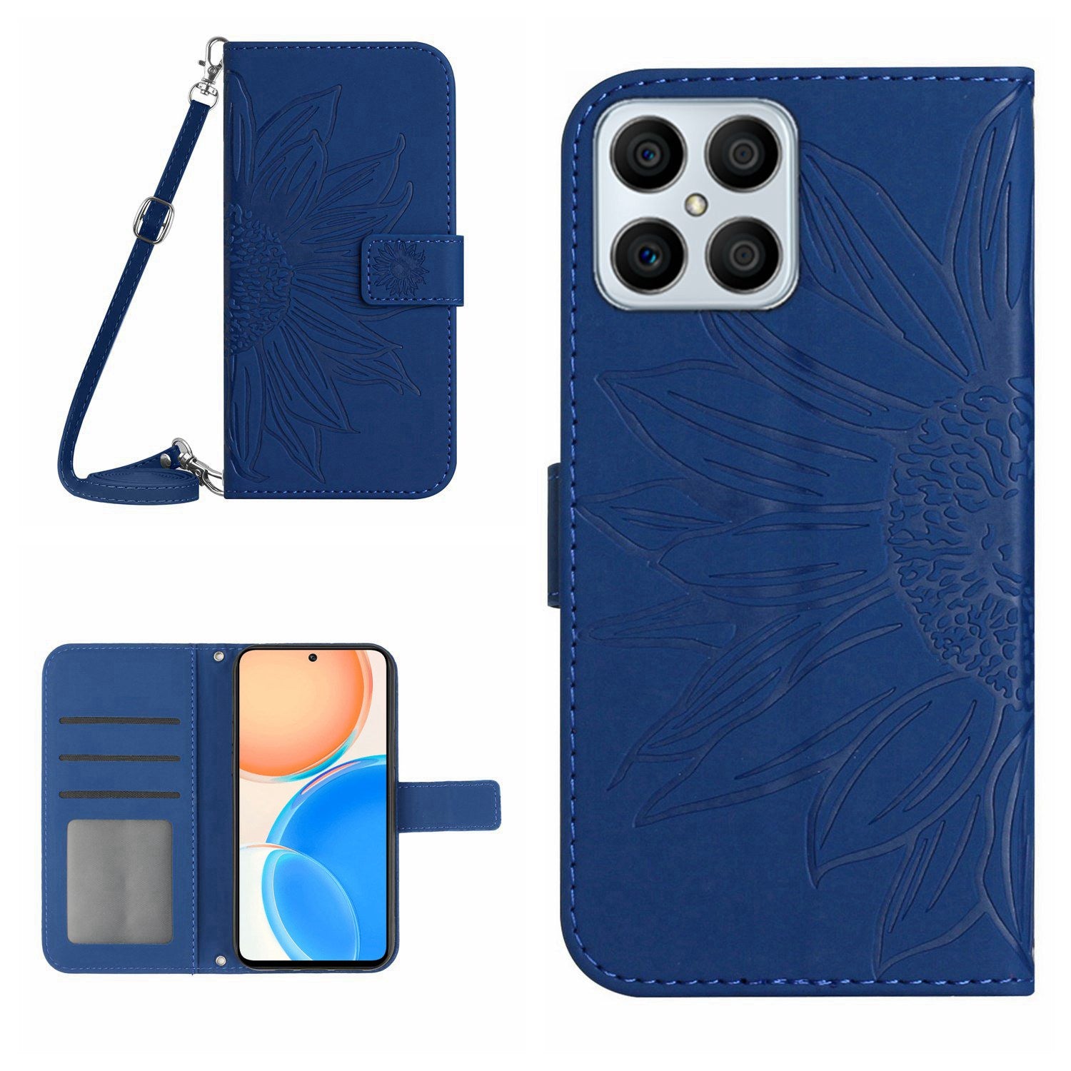 For Honor X8 4G HT04 Imprinted Sunflower PU Leather Flip Case Stand Magnetic Shockproof Skin-touch Wallet Phone Cover with Shoulder Strap