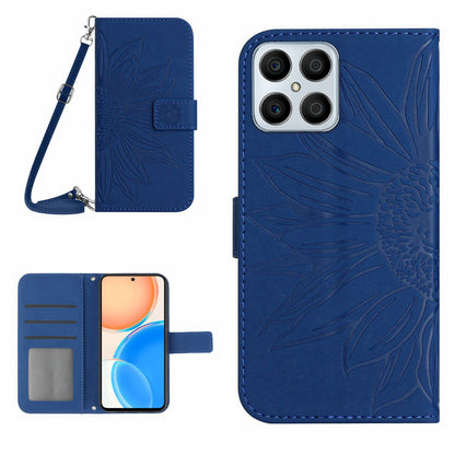 For Honor X8 4G HT04 Imprinted Sunflower PU Leather Flip Case Stand Magnetic Shockproof Skin-touch Wallet Phone Cover with Shoulder Strap