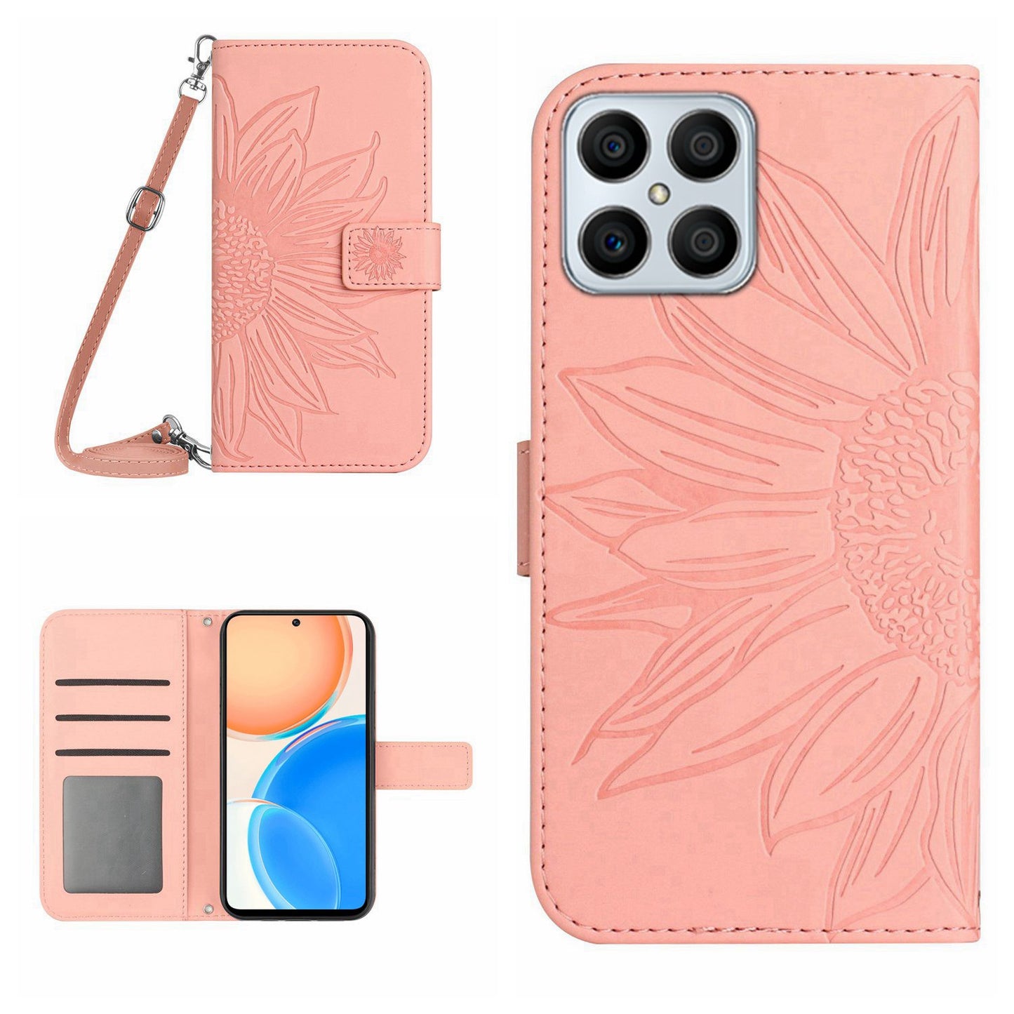 For Honor X8 4G HT04 Imprinted Sunflower PU Leather Flip Case Stand Magnetic Shockproof Skin-touch Wallet Phone Cover with Shoulder Strap