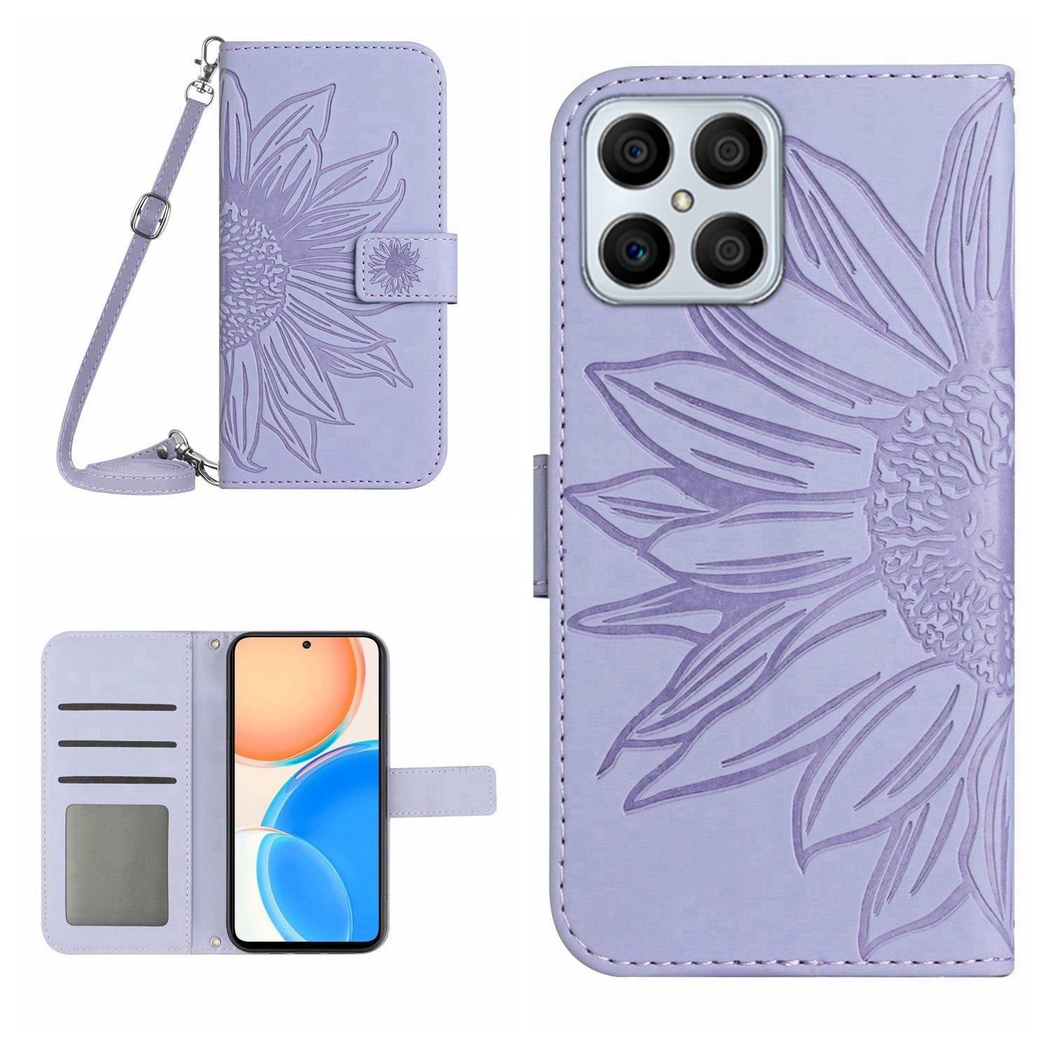 For Honor X8 4G HT04 Imprinted Sunflower PU Leather Flip Case Stand Magnetic Shockproof Skin-touch Wallet Phone Cover with Shoulder Strap