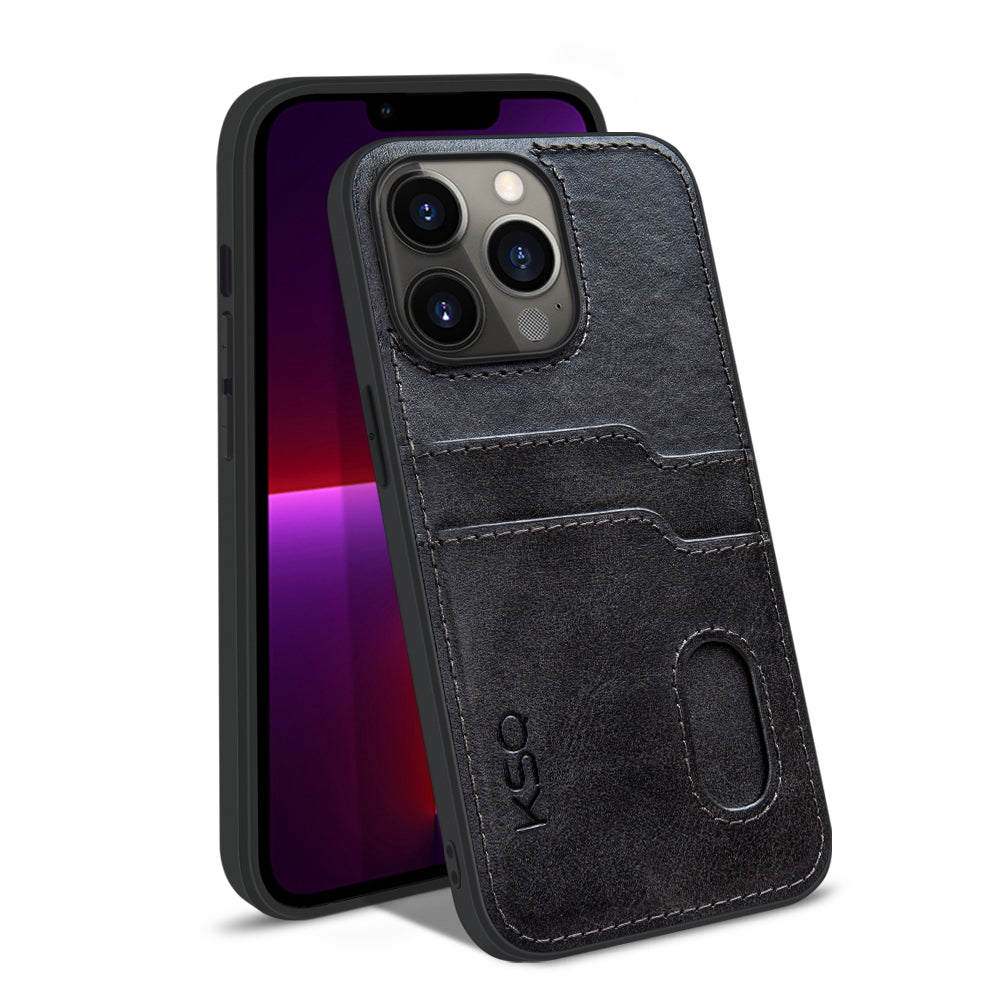 KSQ Style-A For iPhone 13 Pro 6.1 inch PU Leather Coated TPU Drop-proof Cover Anti-scratch Phone Back Case with 2 Card Slots