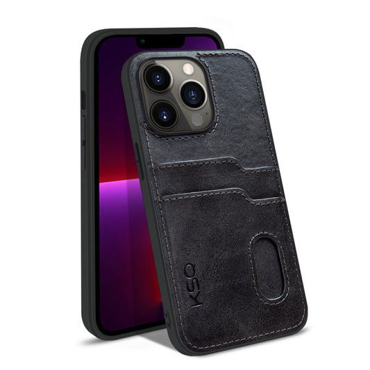 KSQ Style-A For iPhone 13 Pro 6.1 inch PU Leather Coated TPU Drop-proof Cover Anti-scratch Phone Back Case with 2 Card Slots