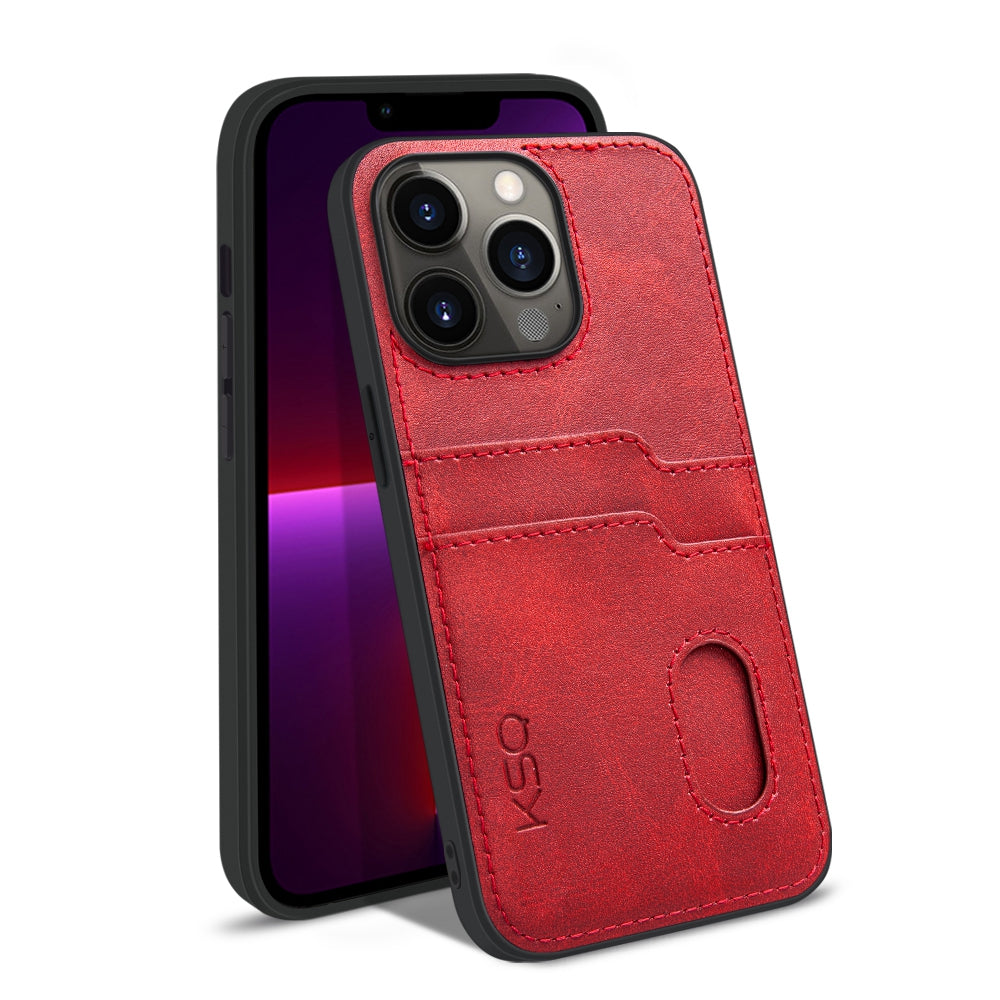 KSQ Style-A For iPhone 13 Pro 6.1 inch PU Leather Coated TPU Drop-proof Cover Anti-scratch Phone Back Case with 2 Card Slots