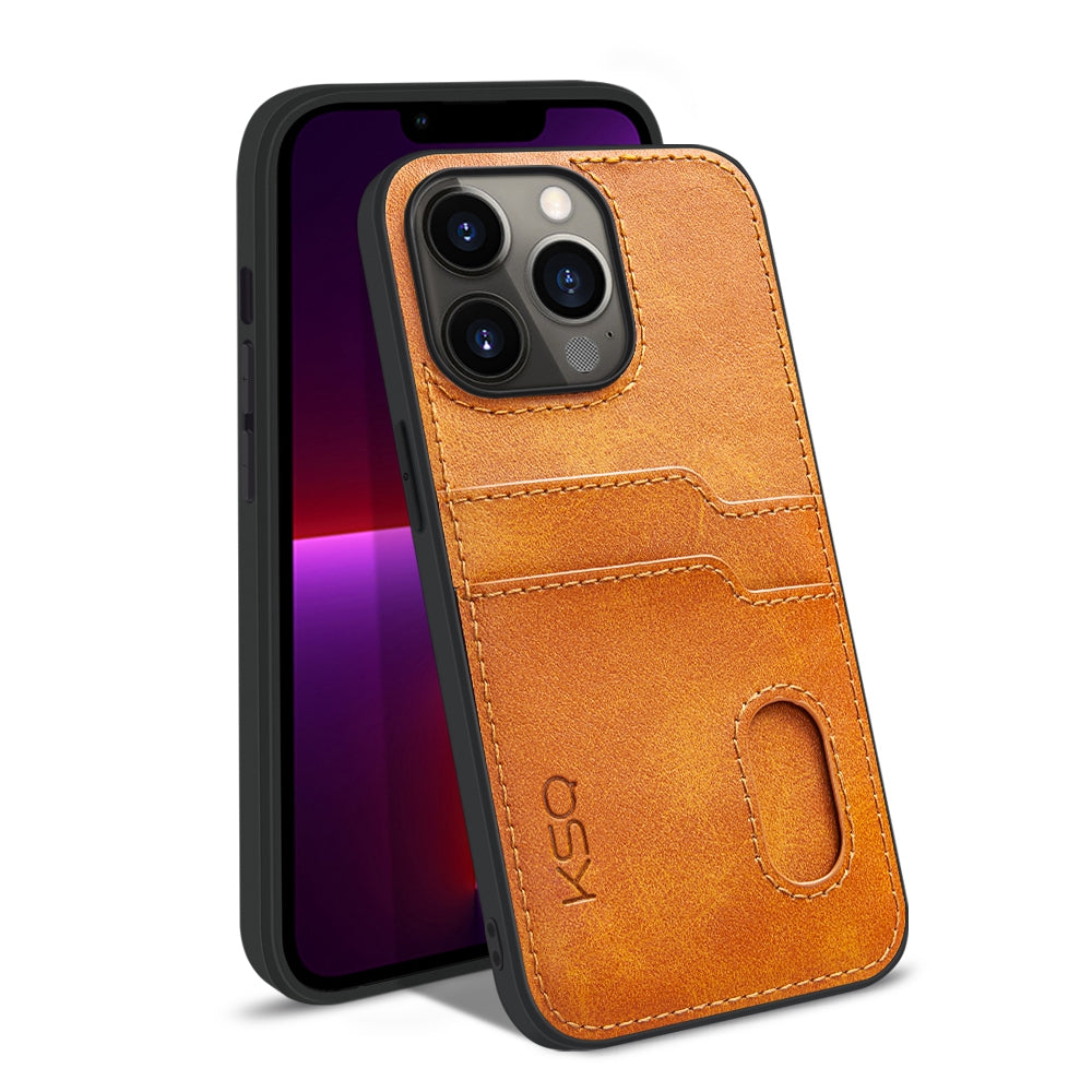 KSQ Style-A For iPhone 13 Pro 6.1 inch PU Leather Coated TPU Drop-proof Cover Anti-scratch Phone Back Case with 2 Card Slots