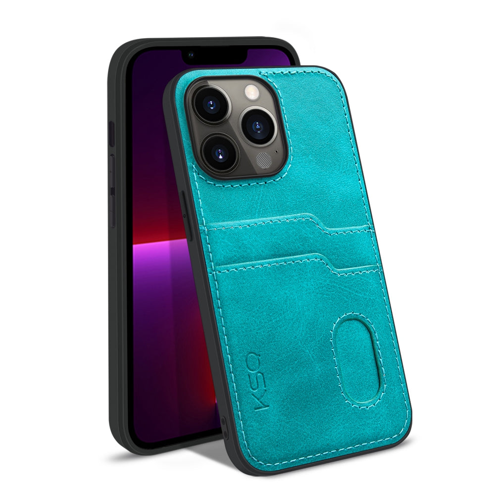 KSQ Style-A For iPhone 13 Pro 6.1 inch PU Leather Coated TPU Drop-proof Cover Anti-scratch Phone Back Case with 2 Card Slots