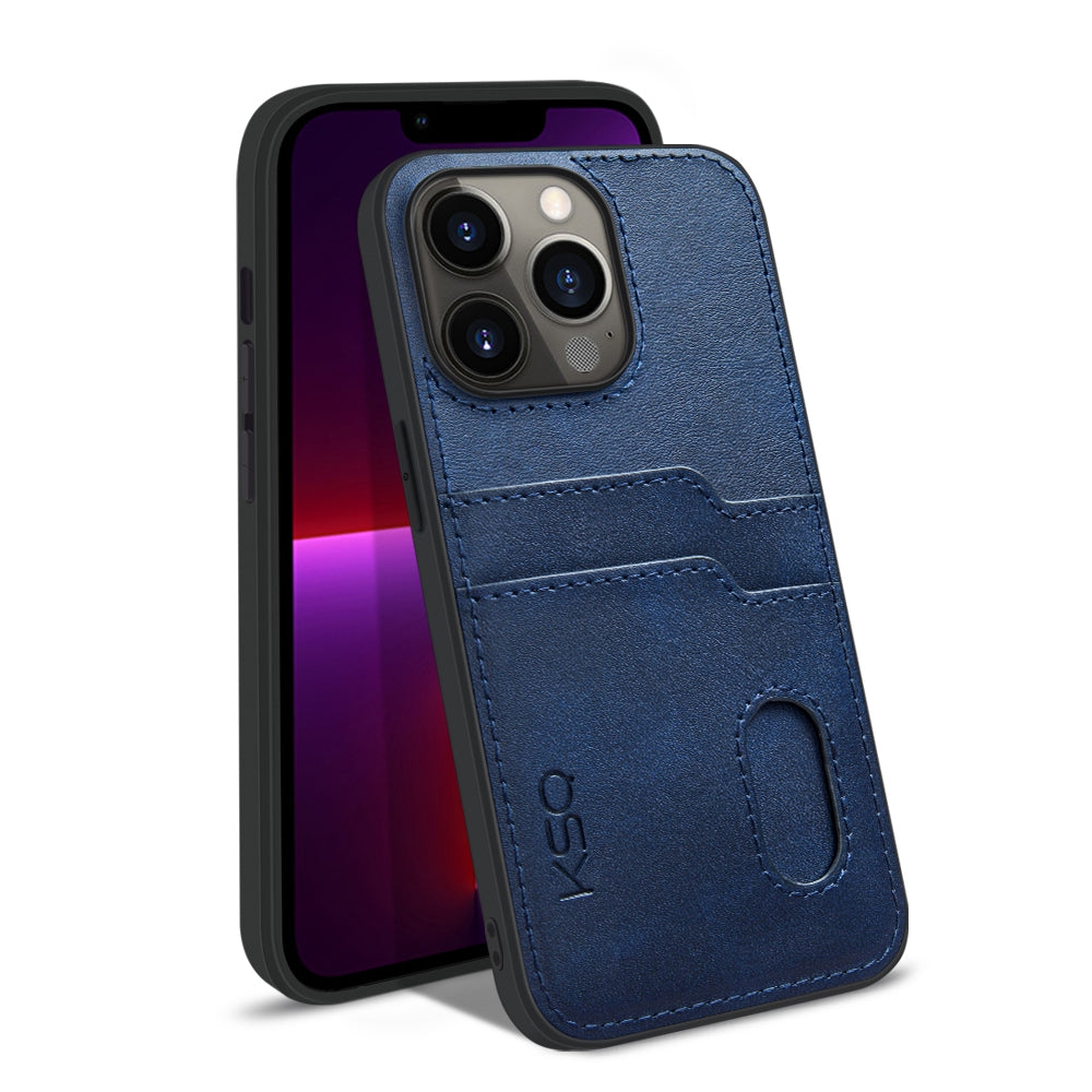 KSQ Style-A For iPhone 13 Pro 6.1 inch PU Leather Coated TPU Drop-proof Cover Anti-scratch Phone Back Case with 2 Card Slots