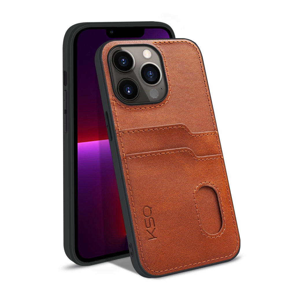 KSQ Style-A For iPhone 13 Pro 6.1 inch PU Leather Coated TPU Drop-proof Cover Anti-scratch Phone Back Case with 2 Card Slots