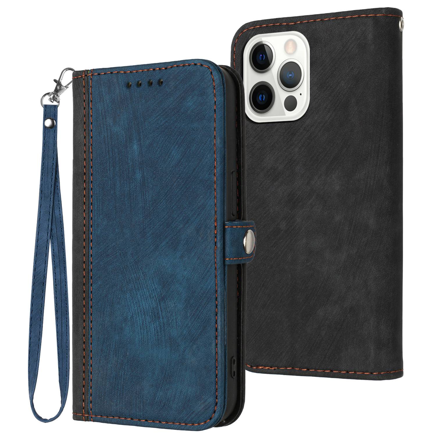 YX0020 Smart Phone Case for iPhone 13 Pro 6.1 inch Bump Proof PU Leather Stand Dual Magnetic Clasp Phone Cover Shell with Strap
