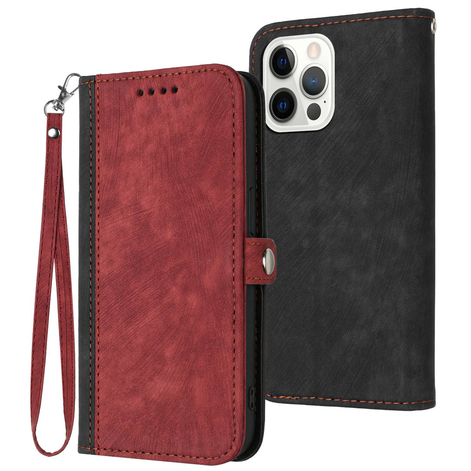 YX0020 Smart Phone Case for iPhone 13 Pro 6.1 inch Bump Proof PU Leather Stand Dual Magnetic Clasp Phone Cover Shell with Strap