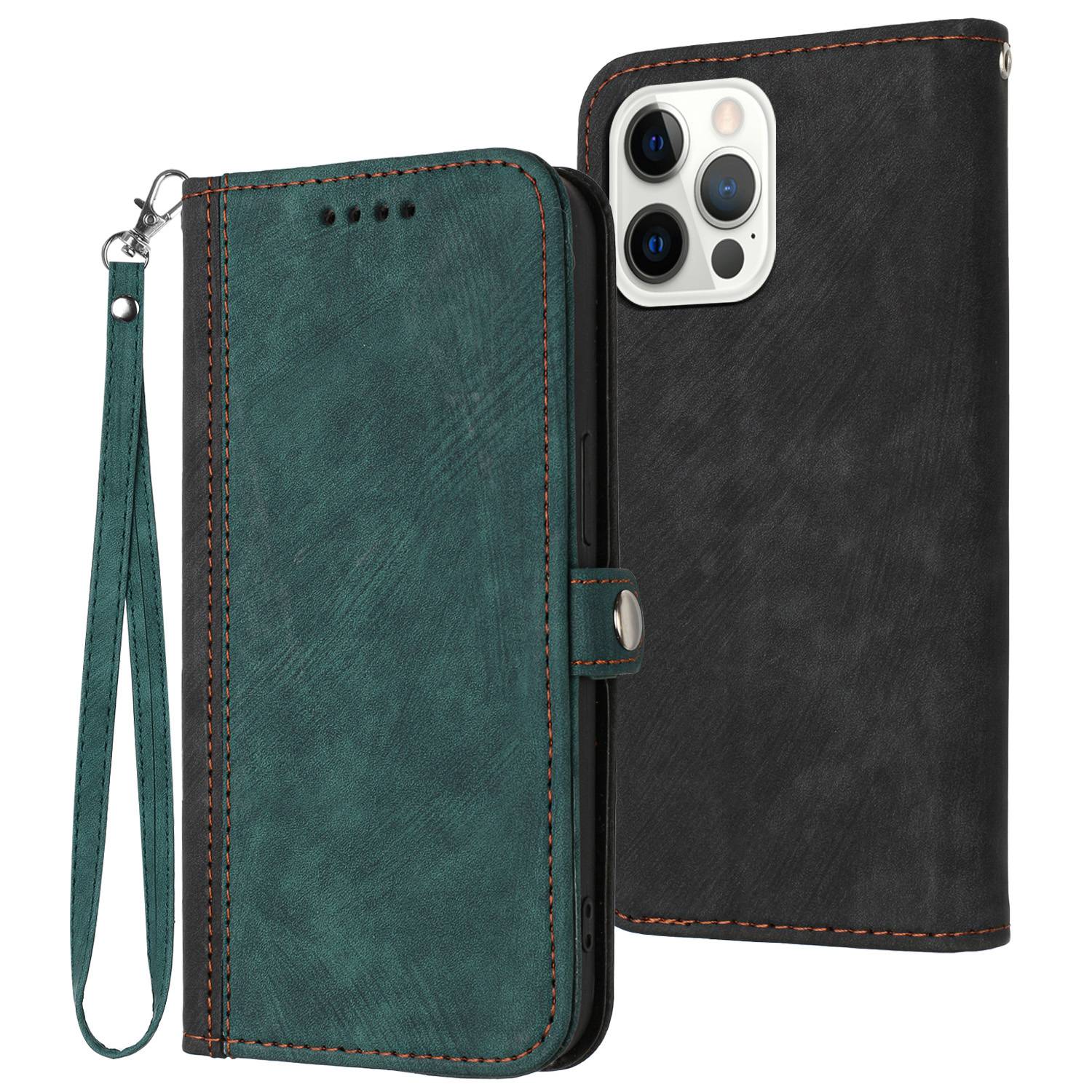 YX0020 Smart Phone Case for iPhone 13 Pro 6.1 inch Bump Proof PU Leather Stand Dual Magnetic Clasp Phone Cover Shell with Strap
