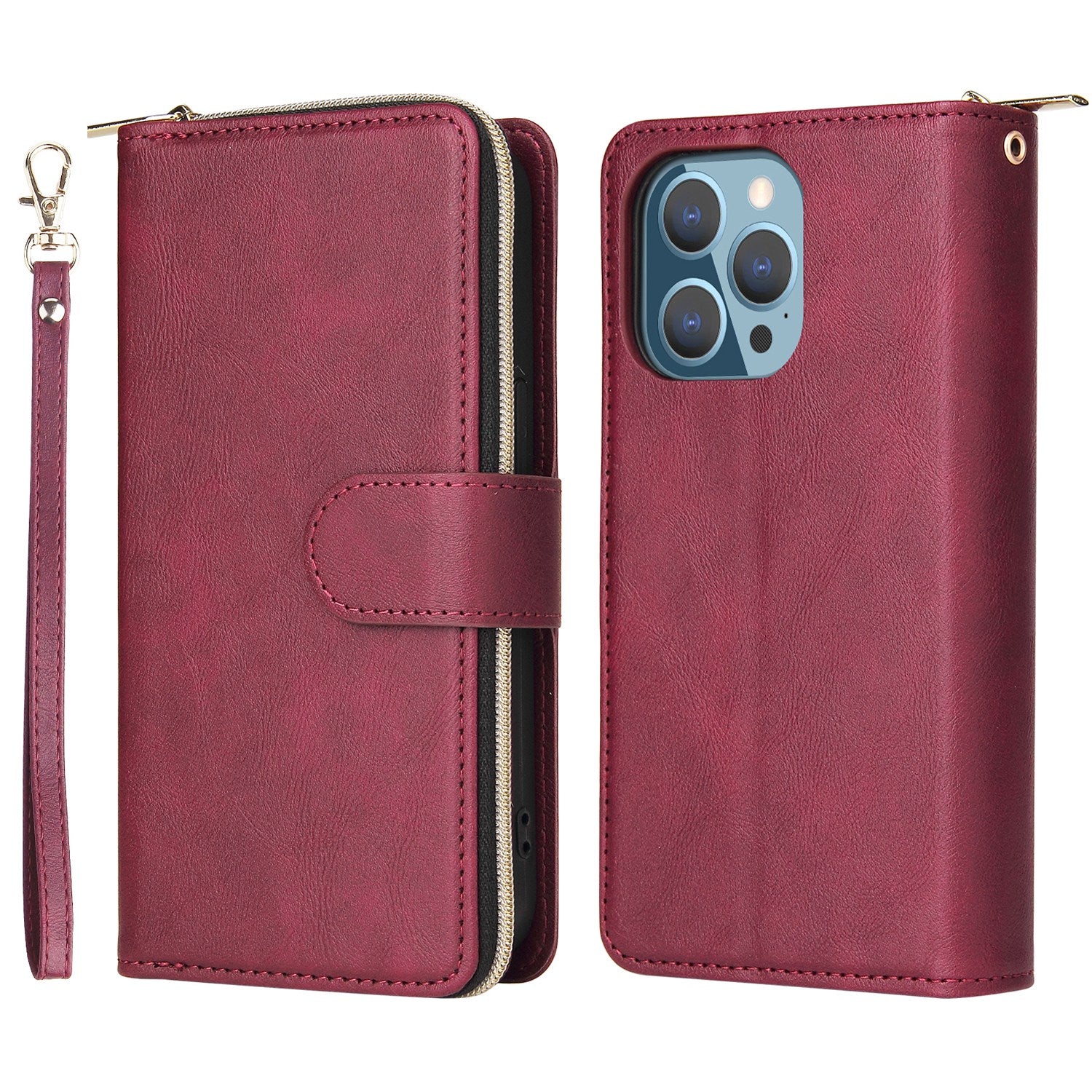 Drop-proof Phone Case For iPhone 13 Pro 6.1 inch, Flip Stand Wallet PU Leather Magnetic Zipper Pocket Smartphone Cover 9 Card Slots with Strap
