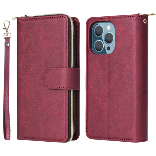 Drop-proof Phone Case For iPhone 13 Pro 6.1 inch, Flip Stand Wallet PU Leather Magnetic Zipper Pocket Smartphone Cover 9 Card Slots with Strap